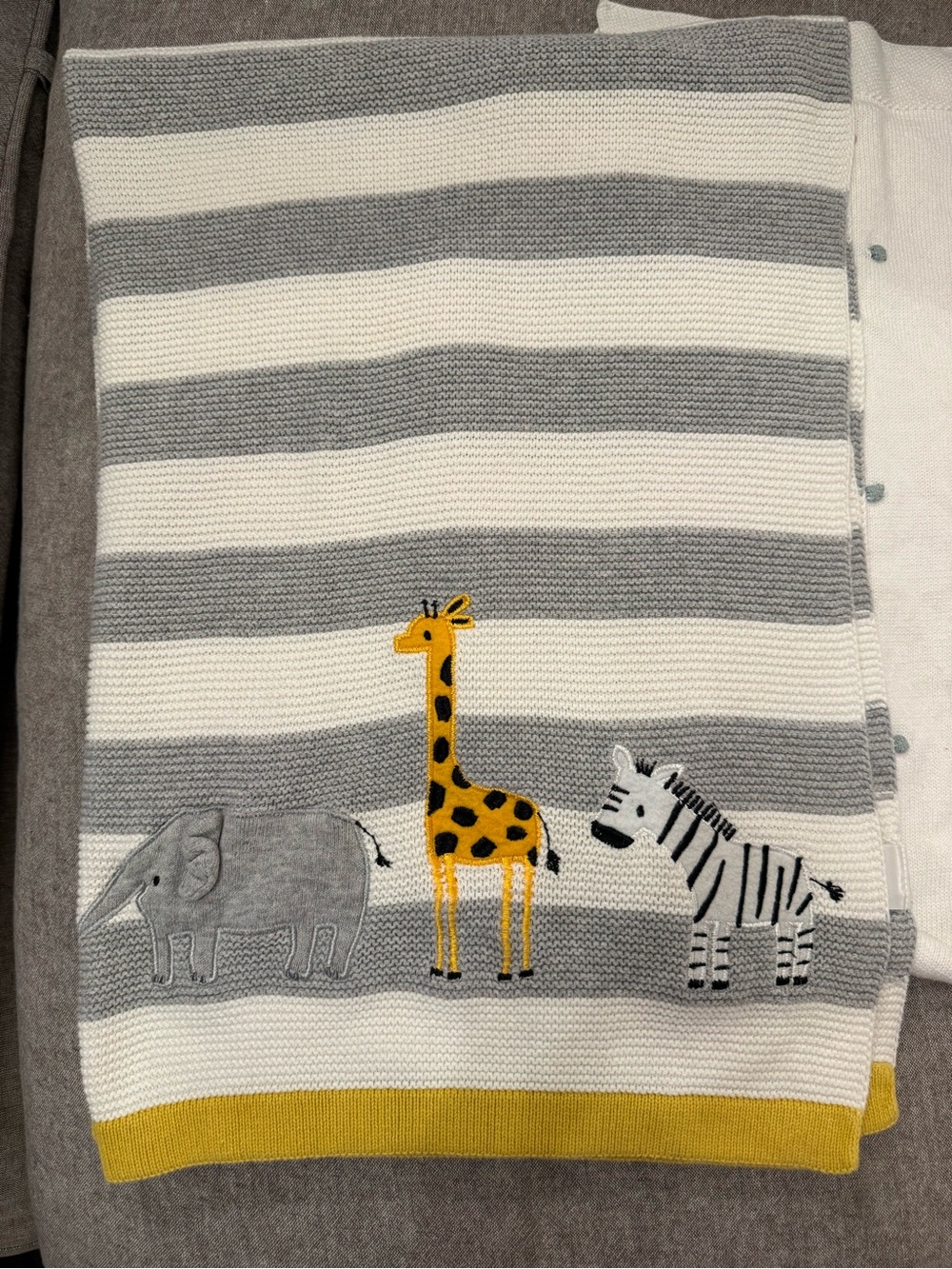 John Lewis Gray & White Striped Baby Blanket with Yellow Giraffe Detail